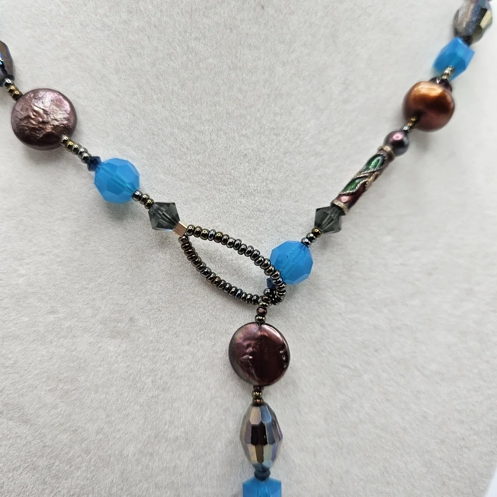 VINTAGE Blue and Brown Glass Cloisonne  Beaded Lariat Y-Drop Necklace